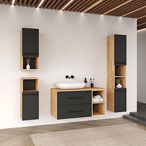 Planetmöbel Meubles de Salle de Bains Ensemble Complet Meubles de Salle de Bains, Ensemble Complet 4 pièces 100cm, dans Les Couleurs chêne doré/Anthracite