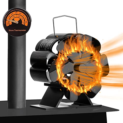 Kaminventilator, Ofenventilator Ohne Strom Mit 6 Blättern Leiser Wärmebetriebener Lüfter Betrieb Mit Thermometer für Holz Kaminofen Holzbrenner Ofenrohr Cover