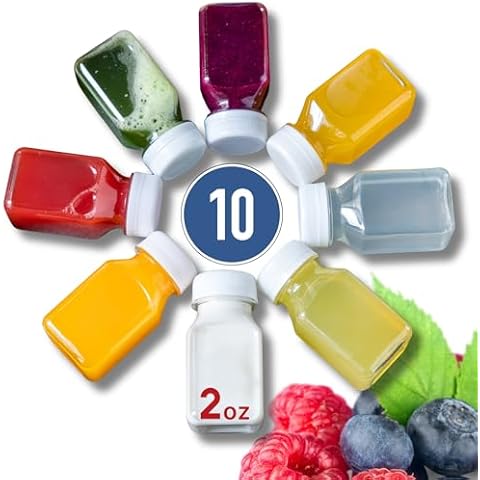 Norcalway 10pcs 2oz Shot Bottles with Caps - Ginger Shot Bottles - Freezer Safe, Leak Proof, BPA Free, Food Grade Small Plastic Bottles with Caps for Liquids Cover