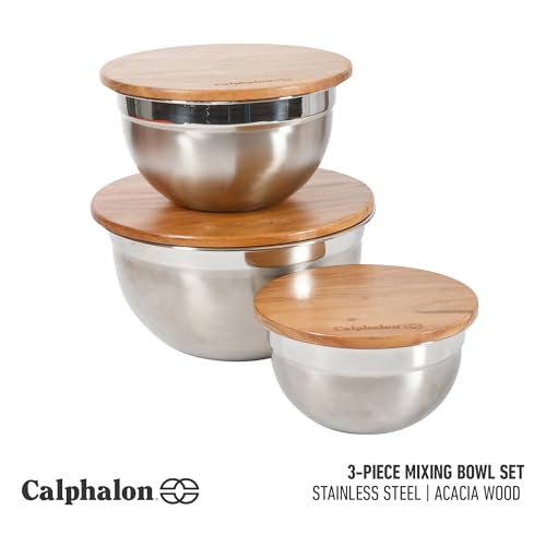 Image of Calphalon Orbit Mixing Bowl Set, 3-Piece Stainless Steel Mixing Bowls(1.5 Qt, 3 Qt, 5 Qt) with Acacia Wood Lids & Non-Slip Base, Kitchen Prep Bowls for Mixing, Serving & Food Storage