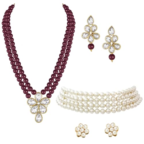 Image of Peora Crystal Faux Pearl Kundan Necklace & Jewellery Set Gift for Women
