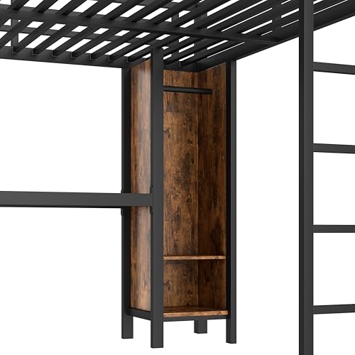 Image of Bellemave Queen Size Loft Bed with Desk, Wardrobe, Storage Cubes and Shelves, Metal Queen Loft Bed Frame for Adults, Kids, Teens, Black and Woodgrain