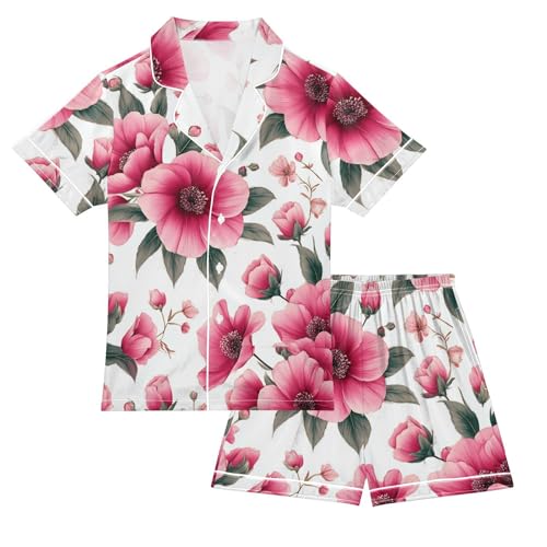 Satin Pajama Sets Short Sleeve Floral Pattern with Flowers Button Down Silky Nightwear 2 Piece PJS 5-14Y