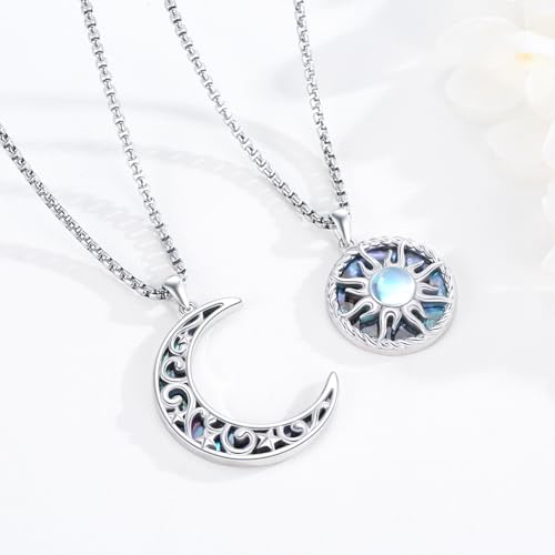 Yin Yang Necklaces 925 Sterling Silver Friendship Sun Moon/Mountain/Dolphin/Tree of Life/Flower/Wings Pendant Necklace Moonstone Abalone Jewelry for Women Men Couples 5