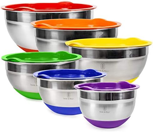 Mixing Bowls with Airtight Lids, 12 Piece Stainless Steel Nesting Bowls Set, Measurement Marks & Colorful Non-Slip Bottoms Great for Prep, Serving and Food Storage (Rainbow)