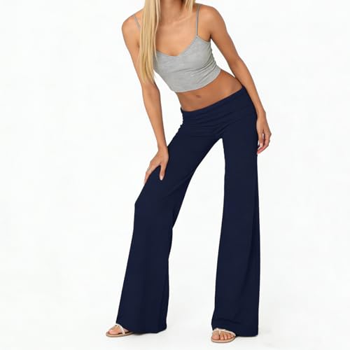 Image of Lounge Yoga Pants for Women Fold Over Low Waist Wide Leg Bell Bottoms | Y2K Foldover Pants, Flare Leggings, Low Rise Yoga Sweatpants