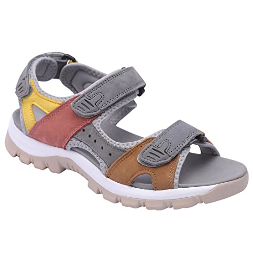 Harssidanzar Women's Sports Hiking Sandals Adjustable Strap Leather Sandals For Women Outdoor Sports Sandals Walking SL256UK,Tan Grey,Size 7 UK