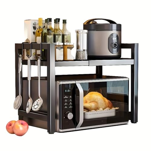 YOPOTIKA Étagère à micro-ondes extensible avec porte-accessoires, étagère télescopique en acier au carbone noir, organisateur pour micro-ondes et...