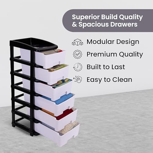 Image of Plastic Modular Drawer Storage Chest Of Drawers Organizer Storage Box, Large Stomo Racks For Multipurpose Anti-slip Shoes Organizers (White & Black, 6 Layer)