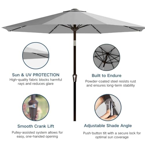 Image of 9' Solar LED Patio Umbrella with Tilt & Crank|8 Sturdy Ribs,UV Protection,Outdoor Market Table Umbrella for Deck,Lawn,Pool,Backyard(Light Gray)