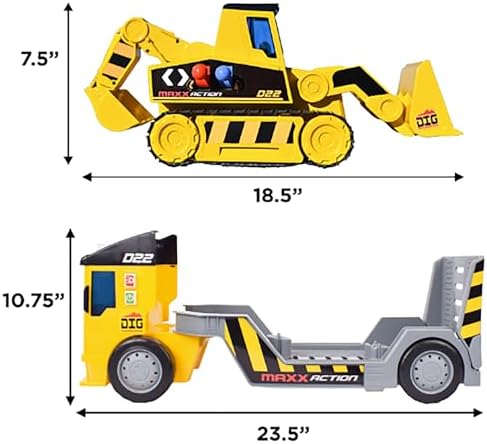 Sunny Days Entertainment Maxx Action 2-N-1 Mega Mover – Construction Truck and Trailer with Lights, Sounds and Motorized Drive, Yellow, Large