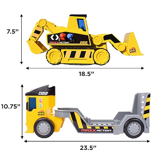Sunny Days Entertainment Maxx Action 2-N-1 Mega Mover – Construction Truck and Trailer with Lights, Sounds and Motorized Drive, Yellow, Large