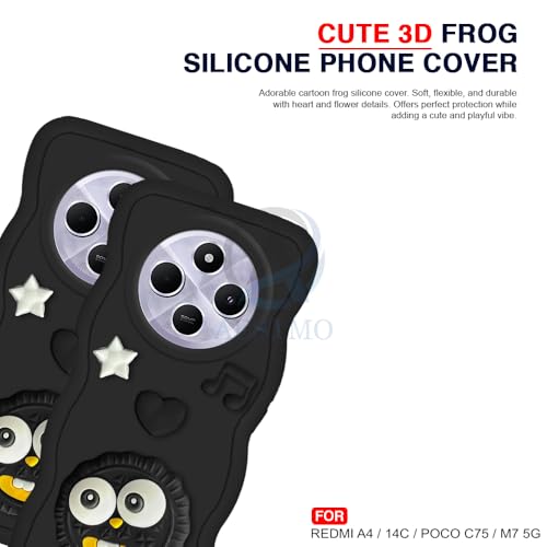 Image of AESTMO Back Case Cover for Redmi A4 / 14C / Poco C75 / M7 5G | 3D Cute Fun Cartoon Characters | Anti Slip Grip Cute Wave Curly Frame Shape | Full Body Protection Back Cover (Black)