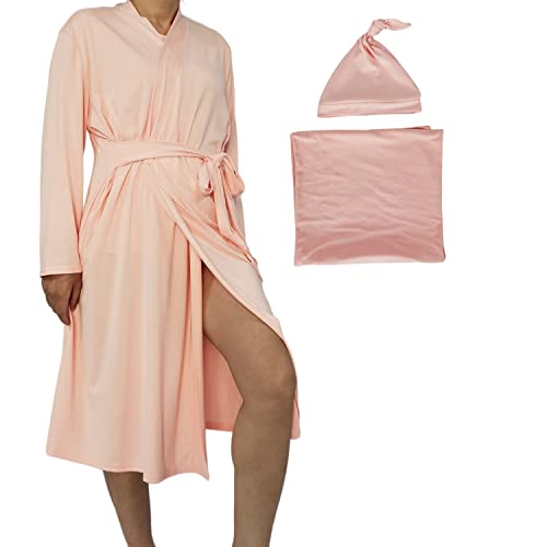 Image of SUFEINI Maternity Robe and Matching Baby Swaddle Blanket Set, Mommy Robe with Receiving Blanket Girls Boys Sleepwear