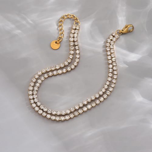 Image of 18K Gold Plated Anklets for Women Dainty Non Tarnish Ankle Bracelets Cuban Link Chain Anklets Layered Heart Beads Rhinestone Anklet Trendy Foot Jewelry