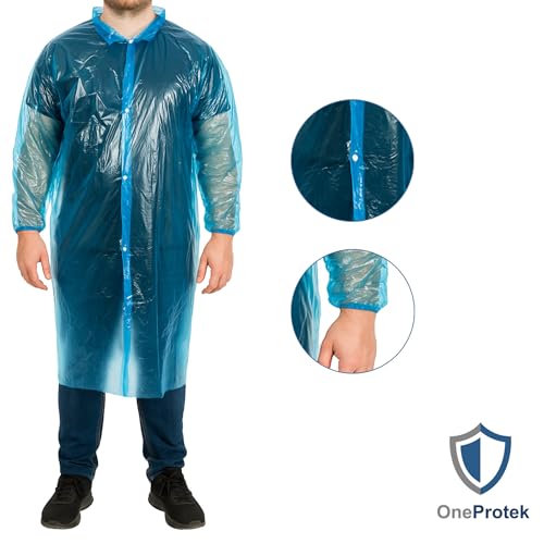 OneProtek Einweg-Schutzkittel, wasserdicht, mit Druckknöpfen, recycelbares Polyethylen, robust und bequem, lebensmittelecht, Einheitsgröße, blau, 10 Stück