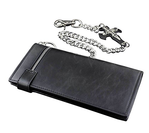 Men's Punk Skulls Cross ID Card Money Black Leather Zipper Wallet With A Chain4