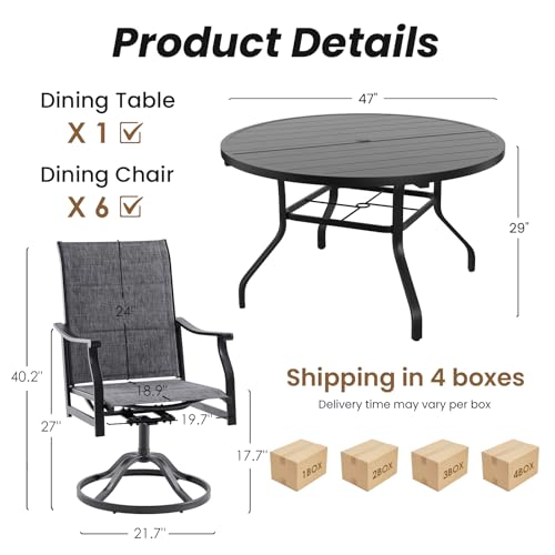 Image of Soohow Outdoor Dining Set for 6, 7-Piece Round Table Patio Dining Set, 6 x Swivel Patio Chairs and 1 x 47 Round Outdoor Dining Table, for Poolside, Backyard and Proch