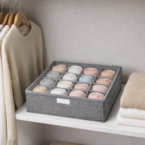 Image of House of Quirk 16 Slot Foldable Underwear Closet, Dresser, Drawer, Organizer, Fabric Basket, Clothes, Socks, Underwear, Clothing, Divider (Grey)