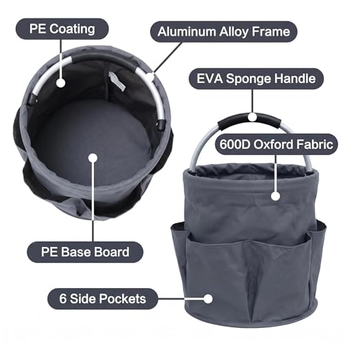 MGUOXA Cleaning caddy with Handle,17L Foldable collapsible bucket 600D Oxford Fabric, 6 Pockets Portable Multi-Use Organiser for Home, Garden, Camping,Grey — view 5
