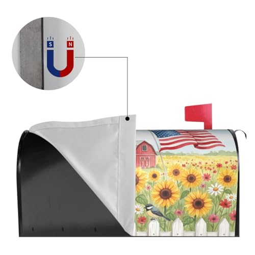 Image of American Flowers Field Farm Flag Mailbox Cover Magnetic Rural Sunflowers and Birds Waterproof Mailbox Wraps Post Letter Box Decor 25.5x21 in