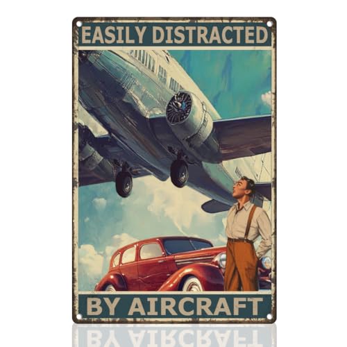 Décoration Murale Vintage Avion Plaque Métallique en Étain Facilement Distrait par les Avions Poster Rétro pour Maison Pièce, Man Cave Garage Bureau...