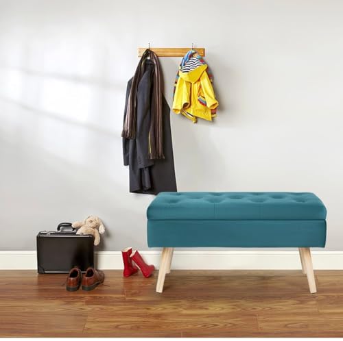 Image of Upholstered Storage Bench Ottoman for Bedroom & Living Room | Tufted End of Bed Bench with Hidden Storage | Compact Entryway Seating Bench with Wooden Legs | Multipurpose Sofa Bench Stool, Teal Blue