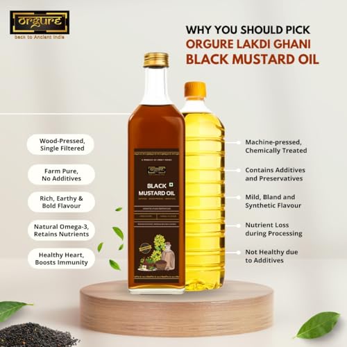 Image of Orgure Wood Pressed Black Mustard Oil - Single Origin | Rich Aroma & Bold Flavour | Natural & Cold Extracted | MSME Award Winner | Ideal for Cooking, Pickling & Ayurvedic Use | 1L
