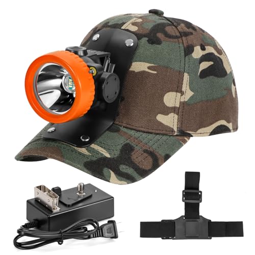 Lokilo Ultra-Bright LED Mining Headlamp,Rechargeable Waterproof Hard Hat White Light Headlight,Camouflage Miner Cap Included,Durable Mining Light for Underground Work and Outdoor Adventures (Orange)
