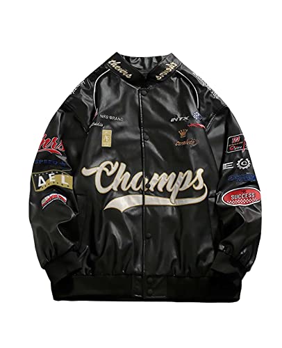 Image of Aelfric Eden Letter-Embroidered Racing Jacket Mens Cool PU Jackets Button Closure Coats