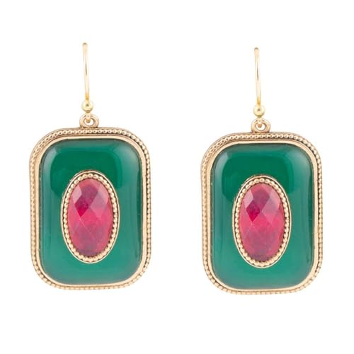 Barse Jewelry Green Onyx Stacked Red Stone Golden Drop Earrings