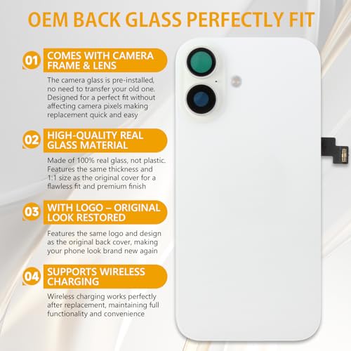 Olivechard OEM for iPhone 16 Plus 6.7inch Back Cover Glass Replacement (White) Rear Cover All Necessary Parts with Metal Frame Magnet Camera Lens, Wireless Charging Coil Flex Cable by Olivechard - Image 3