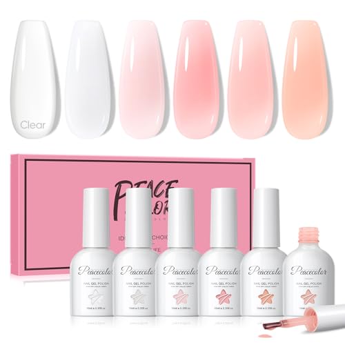 PEACECOLOR Builder Nail Gel Polish 6 Colors Clear Pink White Nude Gel Builder for Nails Hard Gel Nail Extension Nail Strengthener Gel in a Bottle for Women Nail Art Design 10ML