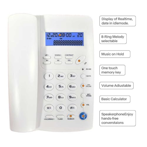 Teléfono con cable Ornin Y043 con altavoz, pantalla e identificación de llamadas, blanco 3