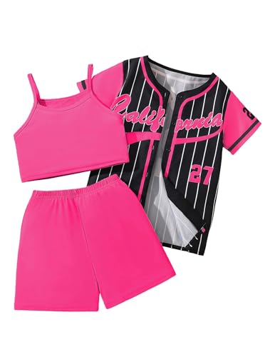Image of Hilinker Girls Graphic 3 Piece Outfits Short Sleeve Striped Cardigan and Crop Cami with Shorts Set