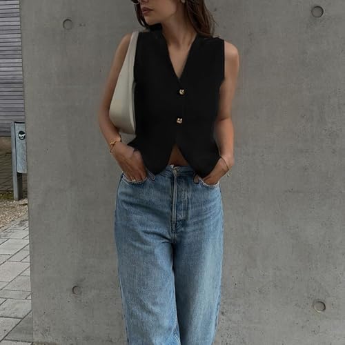 Image of FindThy Women's Cropped Knit Vest V Neck Button Up Solid Color Sleeveless Gilet Tank Tops