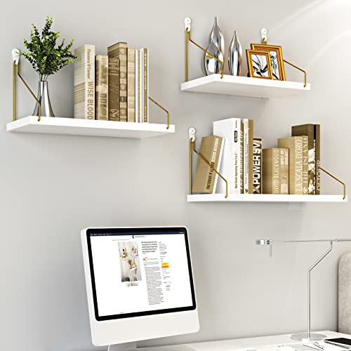 Aopow White Floating Shelves For Wall - Set Of 3 Hanging Wood Shelf & Wall Mounted Long Wide Deep Rustic Wooden Shelves With Gold Metal Brackets Modern For Bedroom Bathroom Living Room #TOP2