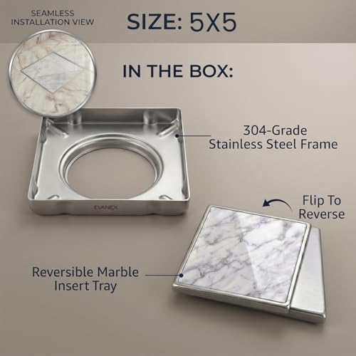 Image of EVANEX Tile Insert Floor Drain|Square Drainer Channel|5x5 Inches Invisible Shower Drain Channel|304 Stainless Steel Waste Water Floor Drain with Cockroach Trap|Drainer Channel|Bathroom Accessories Set