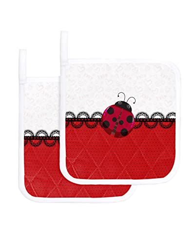 Pot Holders Set Of 2 Pcs Heat-Resistant Hot Pads Mats With Hanging Loop, Valentine's Day Ladybug And Black Lace Polka Dot Red And Love Texture Washable Potholder For Cooking Kitchen, 8.26"X8.26" #TOP4