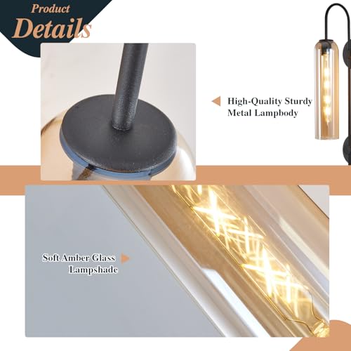 Image of BOKT Modern 1-Light Wall Sconce Lighting Plug in Farmhouse Matte Black Glass Wall Mounted Light Plug in Cord Industrial Indoor Long Wall Sconce Vintage Bedroom Wall Lamp (Amber)