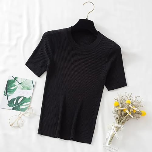Image of Istyle Can Women Ribbed Slim Fit Top | Stretch Cotton Knit Crew Neck T-Shirt | Solid Casual Short Sleeve Tee for Office, Layering
