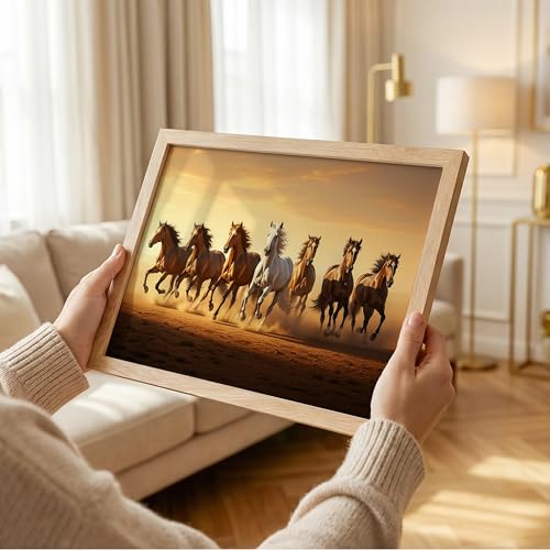 Image of 7 White Horse Vastu Wall Painting - Running Horses Golden Sunrise Desert Framed Wall Art for Living Room & Office Decor (Natural, Design 04, 10x13 Inch)