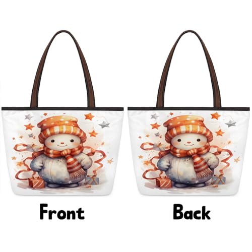 Cute Cartoon Watercolour Snowman Tote Bag Multi Pocket Zippered Beach Bag Lightweight Waterproof Handbag4