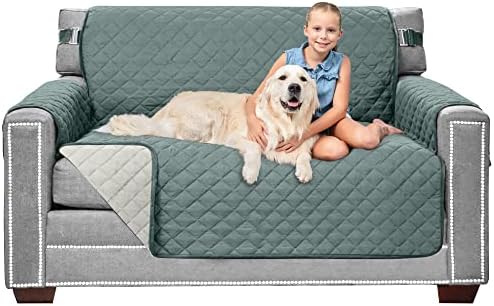 Sofa Shield Patented Slipcover, Reversible Tear Resistant Soft Quilted Microfiber, 54 inch Seat Width, Durable Furniture Stain Protector with Straps, Washable Couch Cover for Dogs, Kids, Seafoam/Cream
