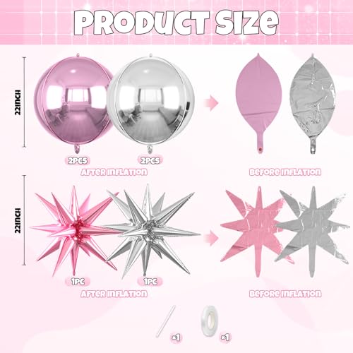 Image of 6pcs 22 inch Pink Silver Star Balloons and 4D Large Foil Balloons, Pink and Silver Star Balloon 4D Foil Balloon For Birthday Baby Shower Party Wedding Anniversary Bridal Shower Valentine's Day Decor