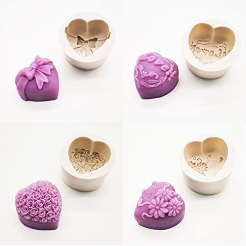 Woniu 4Pcs Heart-Shaped 3D Rose Flower Small Silicone Mold For Cake Decorations Chocolate Dessert Candy For Wedding Valentine's Day Diy Aromatherapy Beeswax Handmade Soap Making #TOP24