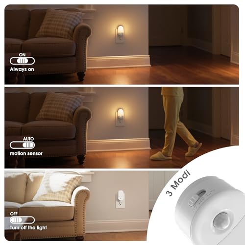 Image of JandCase Motion Sensor Night Light, 2 Pack Motion Activated Night-Lights, 3000K Warm White LED Night Lights Plug into Wall, 30 /60LM Adjustable Brightness, for Kids Adults Bathroom Bedroom