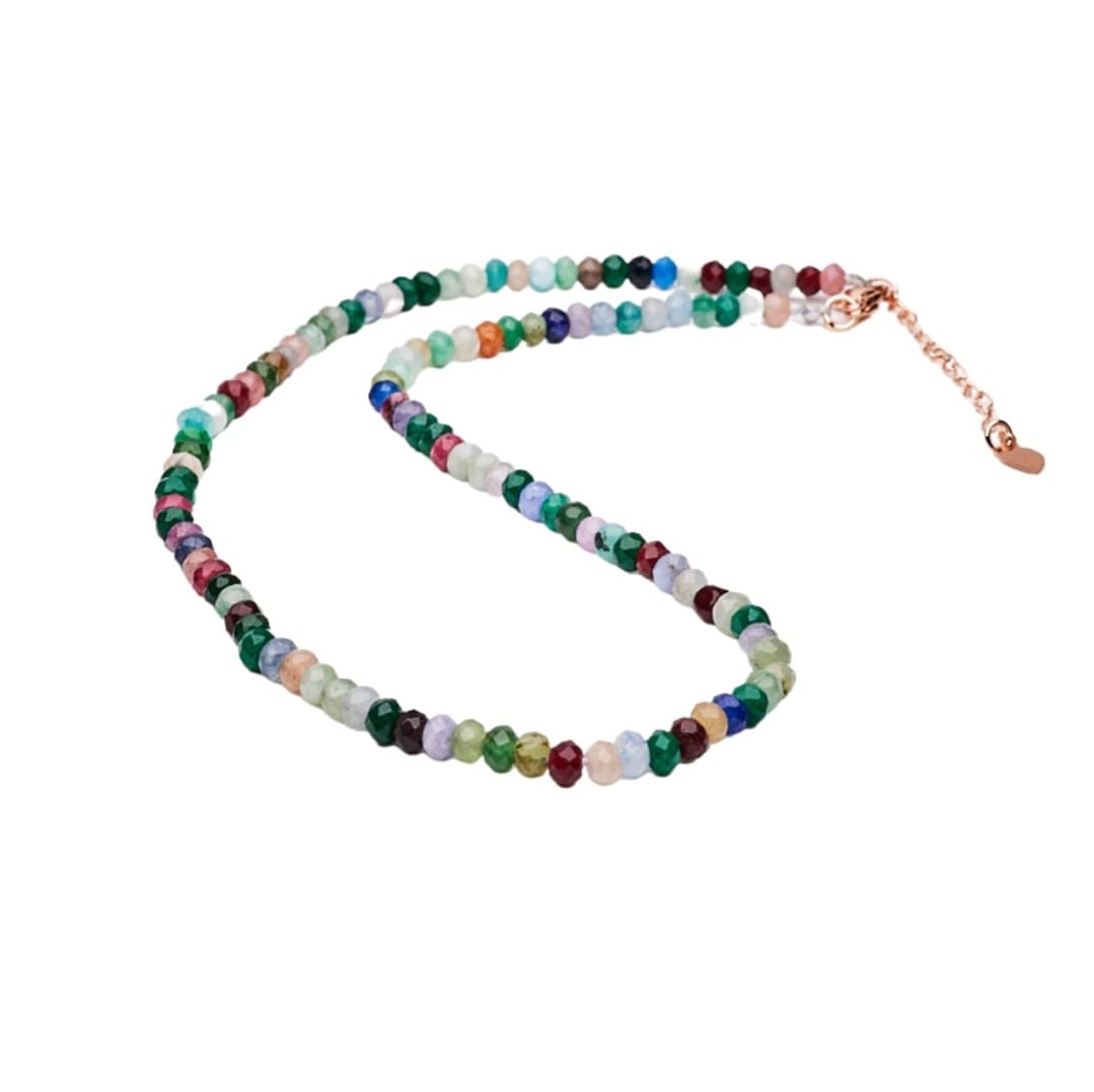 Handgefertigte Perlenhalskette für Damen und Mädchen, blau, rot, weiß, grün, mehrfarbig – Perlenschmuck aus natürlichen Edelsteinen, Heilkristallen (Mehrfarbig)