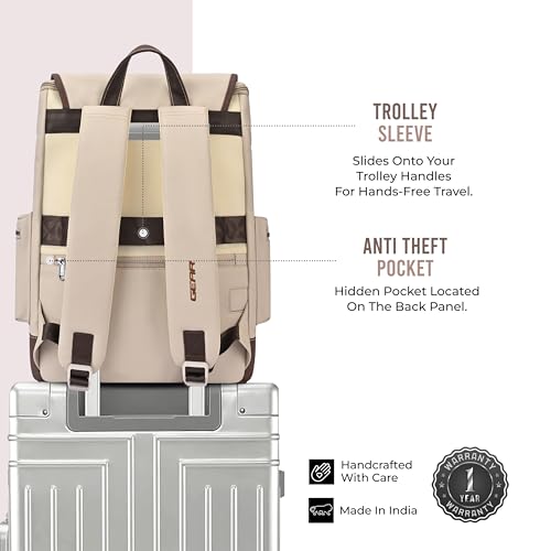 Image of Gear Classic 16.5 inch /21L Medium Water Resistant Faux Leather Anti Theft Knapsack | Laptop Bag | Casual Bag | Travel Bag for Men /Women (Cream - Brown)