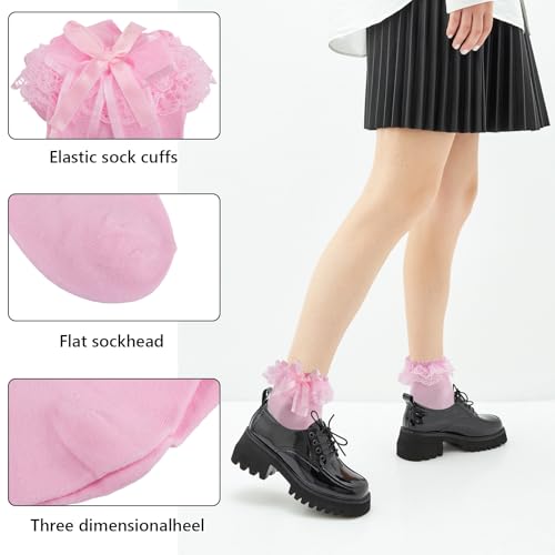 Womens Ruffle Socks with Bow Cute Frilly Lace Ankle Socks Adult Fancy Dress Sock Princess Lolita Bobby Sock Big Girls2